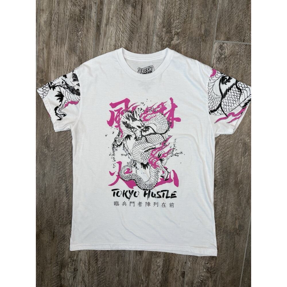 Fresh Laundry Dragon Graphic Tokyo Hustle Tee Streetwear White Mens Lg